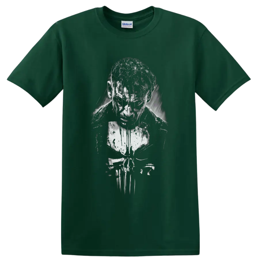 The Punisher Frank Castle distressed black-and-white vigilante portrait with skull motif on a Forest Green T Shirt
