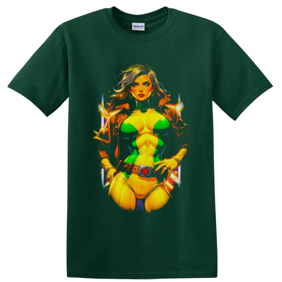 Rogue of X-Men in green and yellow costume, vivid neon comic portrait on a Forest Green T Shirt