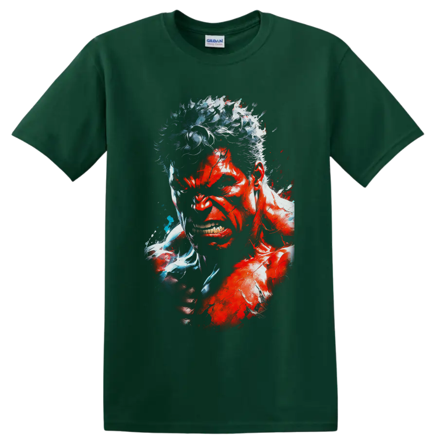 Red Hulk snarling portrait with clenched fist in explosive red and icy blue comic art on a Forest Green T Shirt
