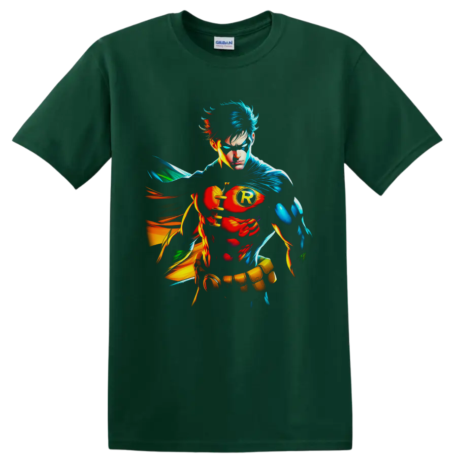 Absolute Robin Dick Grayson comic portrait with blue cape, R emblem, and colorful energy on a Forest Green T Shirt