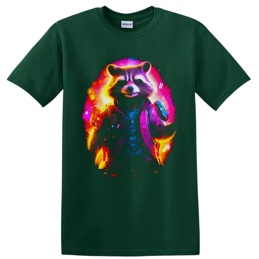Rocket Raccoon neon sci-fi action portrait with tactical gear and futuristic blasters on a Forest Green T Shirt