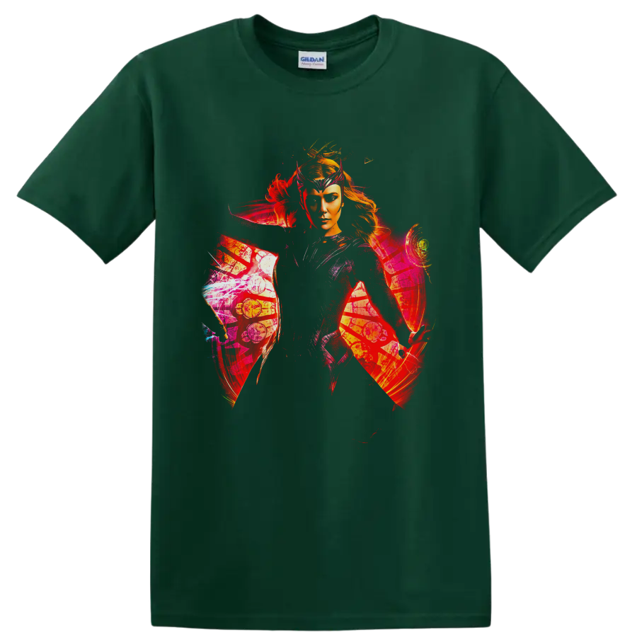 Scarlet Witch portrait with crimson magic, comic panels, and mystical symbols on a Forest Green T Shirt