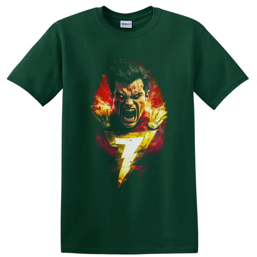 Shazam fiery comic portrait with gold lightning bolt and crackling electric energy on a Forest Green T Shirt