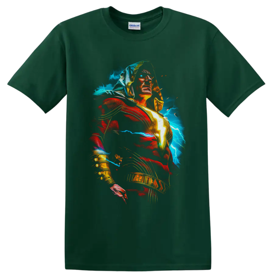 Shazam as Billy Batson with glowing lightning bolt, red cape, and electric storm art on a Forest Green T Shirt