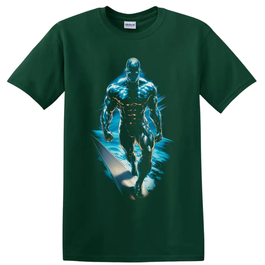 Silver Surfer Norrin Radd cosmic surfboard art with electric blue energy on a Forest Green T Shirt
