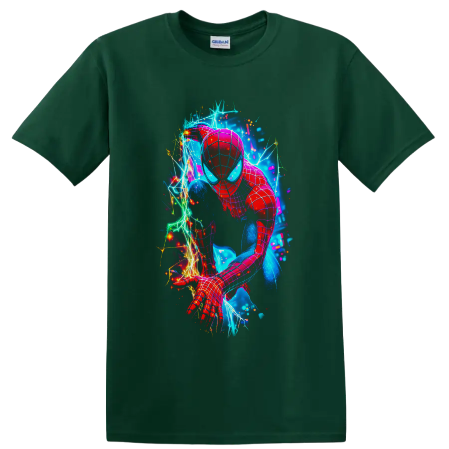 Spider-Man in neon electric web action art with sparks and glowing cosmic backdrop on a Forest Green T Shirt