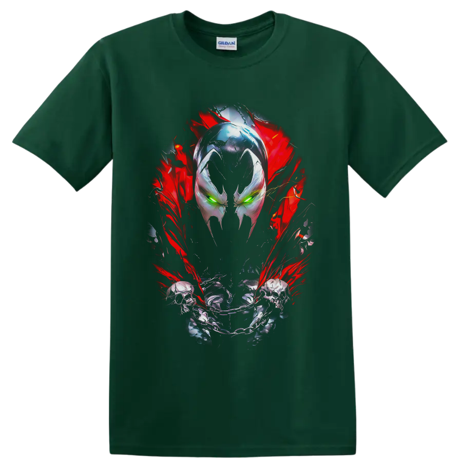Spawn masked face with green eyes, skull chain, and red energy comic artwork on a Forest Green T Shirt