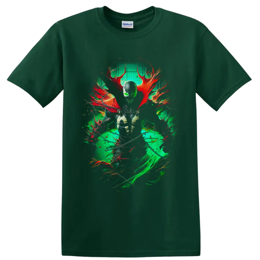 Spawn Al Simmons dark comic art with green energy, red cape forms, and chains on a Forest Green T Shirt