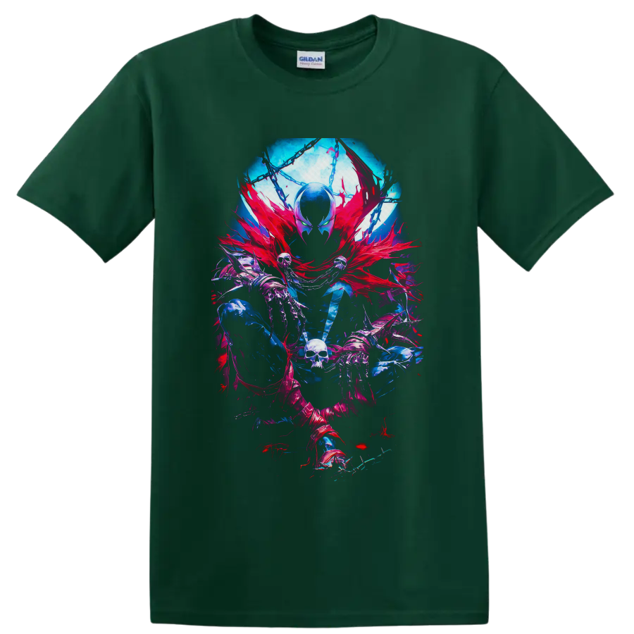 Spawn gothic comic art with red cape, chains, skeletal hands, skull, and neon effects on a Forest Green T Shirt