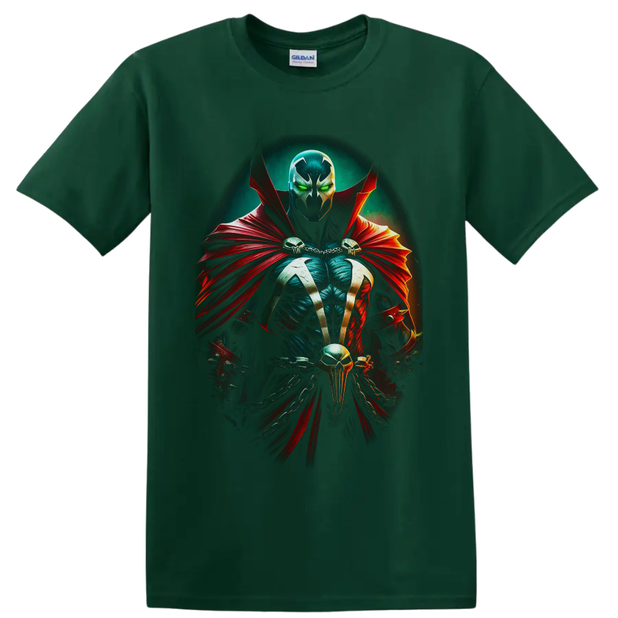 Spawn gothic antihero portrait with red cape, green eyes, skulls and chains on a Forest Green T Shirt