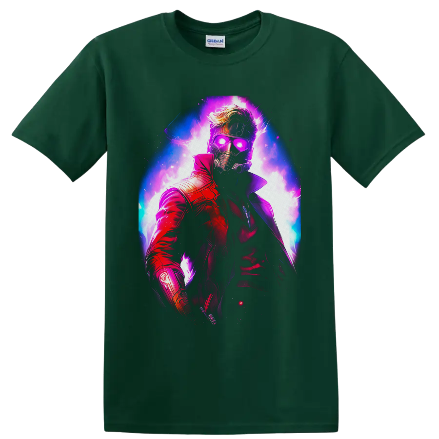 Star-Lord Peter Quill neon cosmic portrait with glowing mask and red coat on a Forest Green T Shirt