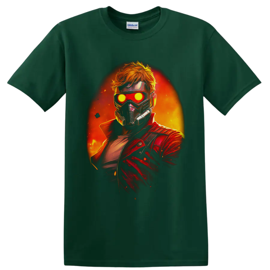Star-Lord in a glowing mask and red jacket against a fiery cosmic backdrop on a Forest Green T Shirt