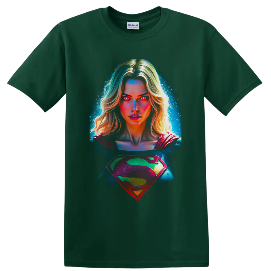 Supergirl Kara Zor-El neon cosmic portrait with glowing eyes and chest emblem on a Forest Green T Shirt