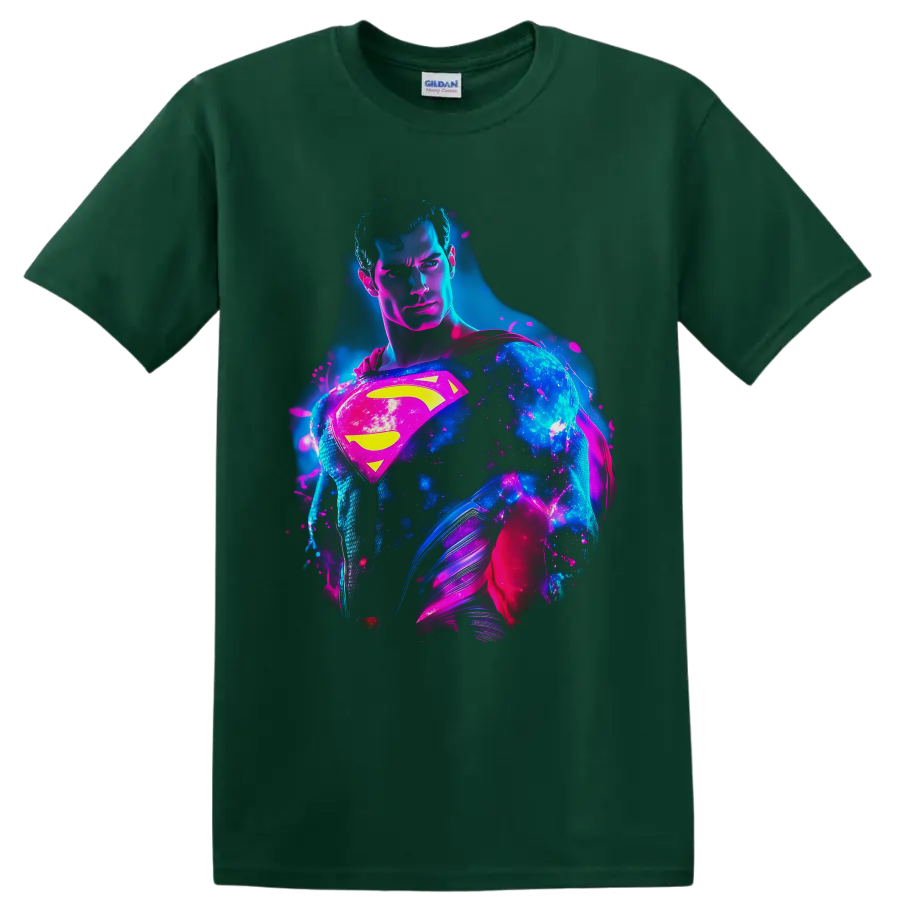 Superman Clark Kent neon cosmic portrait with glowing shield, cape, and splatter art on a Forest Green T Shirt