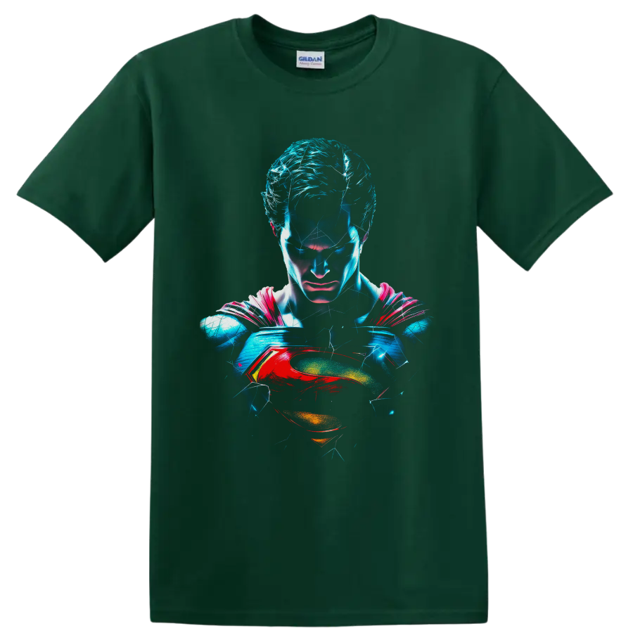 Superman Man of Steel neon portrait with electric cracks and red-and-gold chest emblem on a Forest Green T Shirt
