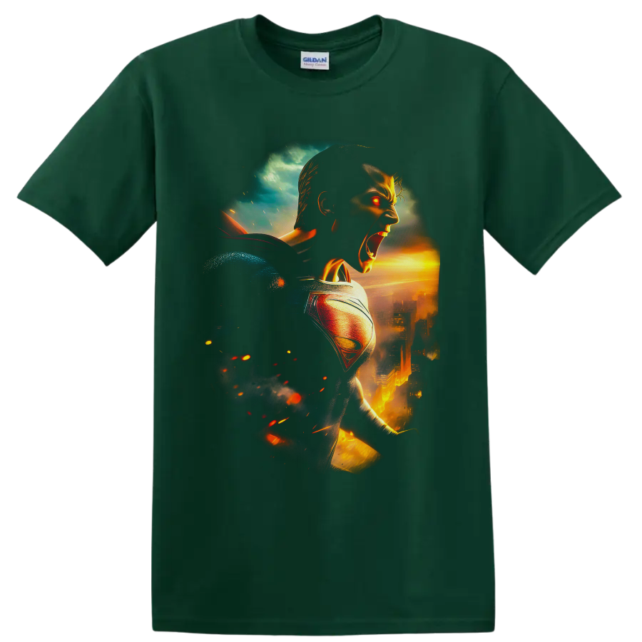 Superman Clark Kent cinematic fiery city battle artwork with glowing red eyes on a Forest Green T Shirt