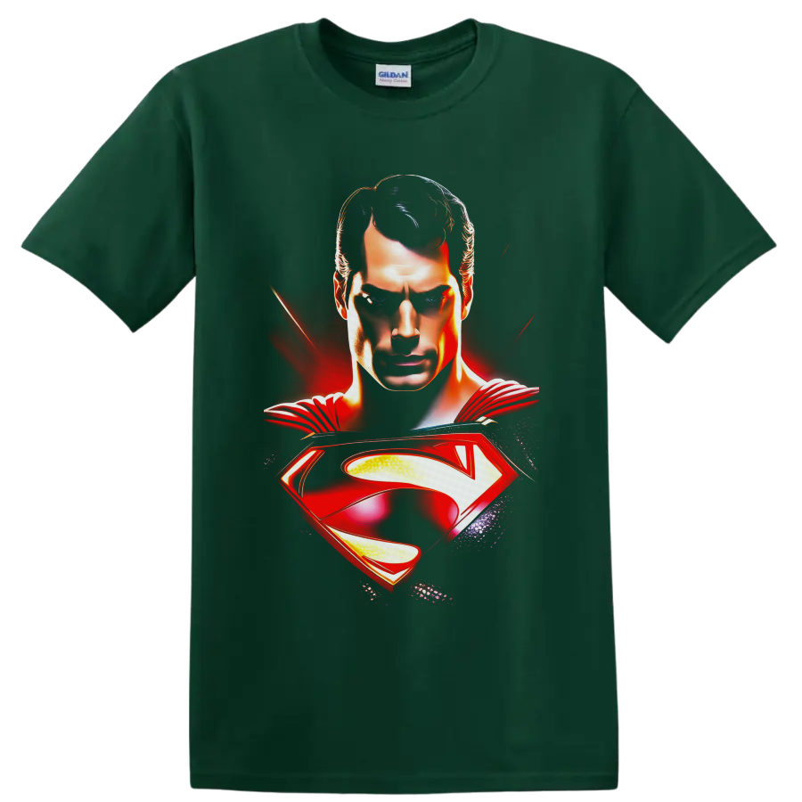 Superman Clark Kent portrait with red cape and glowing shield emblem comic artwork on a Forest Green T Shirt