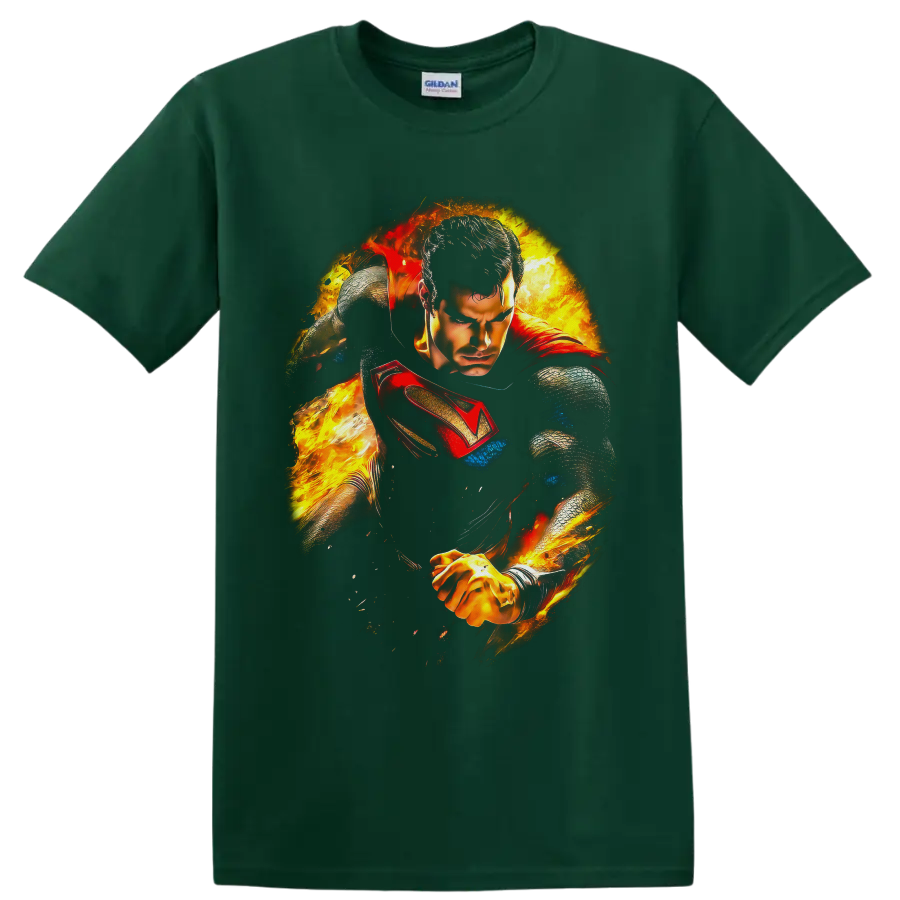 Superman as Clark Kent in fiery comic-style action art with red cape and shield on a Forest Green T Shirt