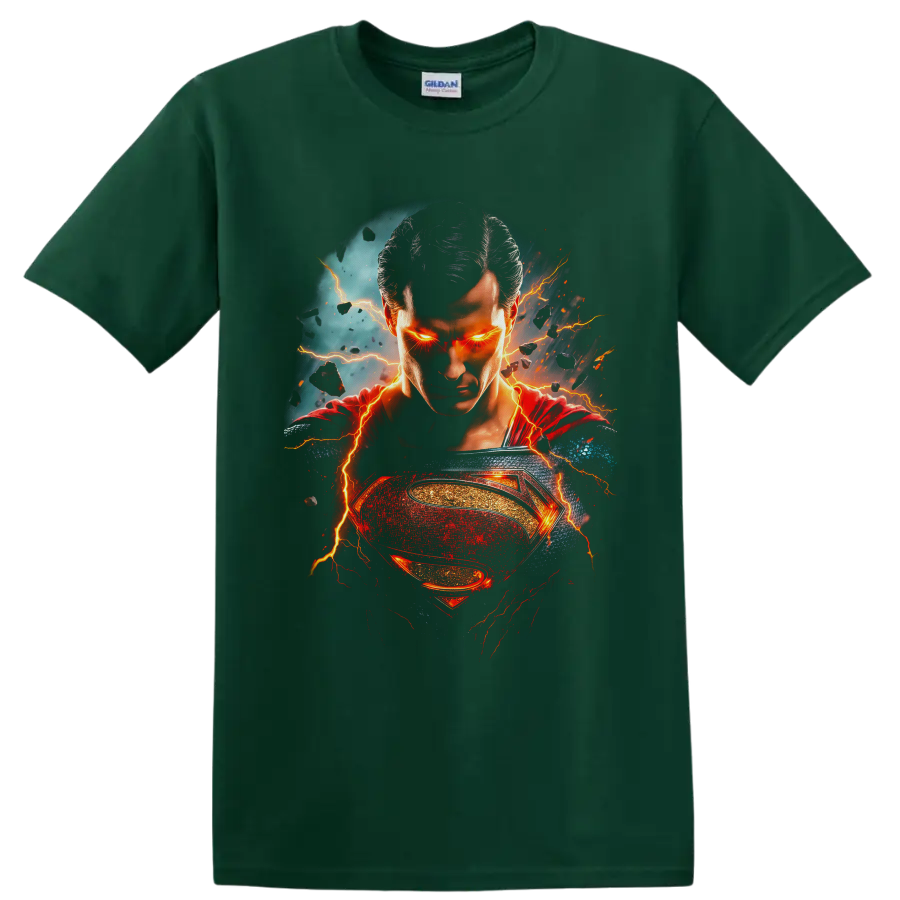 Superman portrait with glowing eyes, lightning, red cape, and fiery hero emblem on a Forest Green T Shirt