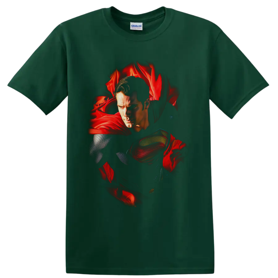 Superman portrait with red cape and chest emblem in Alex Ross-inspired comic art on a Forest Green T Shirt