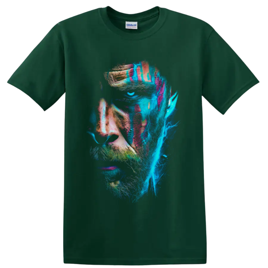 Kratos neon warrior portrait with cyan lightning and distressed paint textures on a Forest Green T Shirt