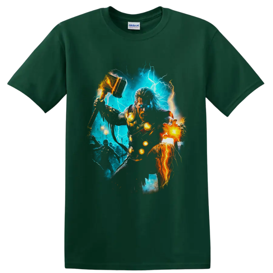 Thor and Mighty Thor comic art with lightning, glowing hammer, armor, and fiery energy on a Forest Green T Shirt