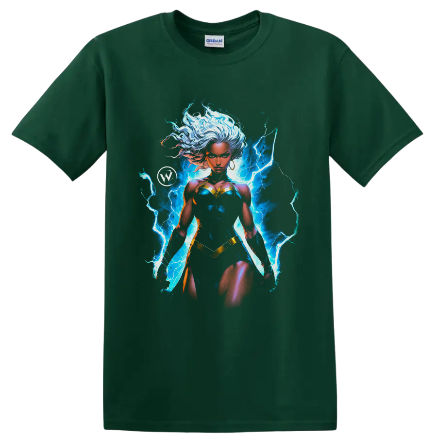 Storm superhero artwork with flowing white hair and electric-blue lightning on a Forest Green T Shirt
