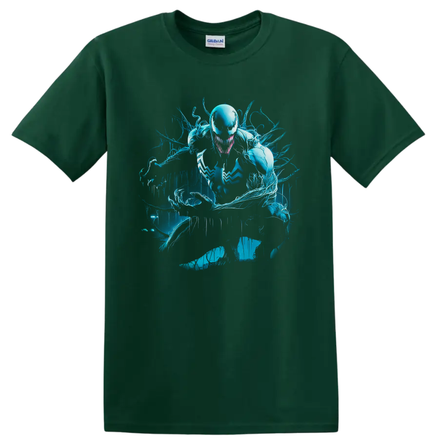 Anti-Venom symbiote with cyan tendrils in distressed comic art style on a Forest Green T Shirt