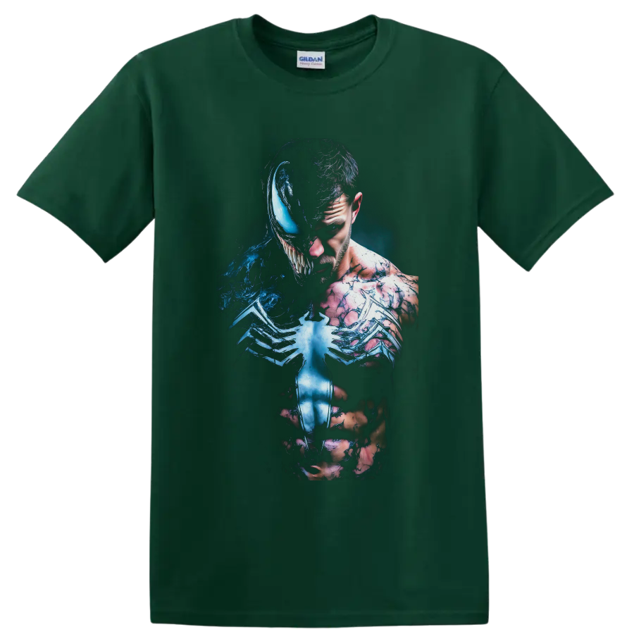 Venom and Eddie Brock split symbiote transformation in dark blue comic art on a Forest Green T Shirt