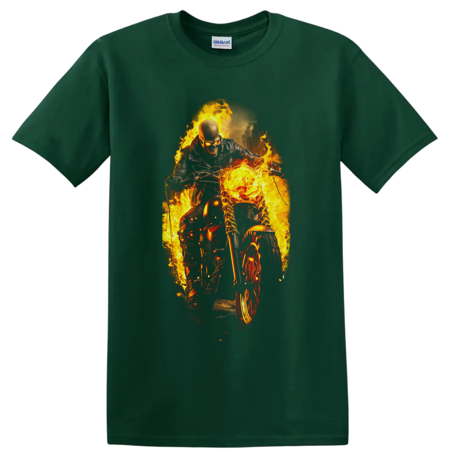 Ghost Rider on a flaming motorcycle in intense fiery comic action artwork on a Forest Green T Shirt