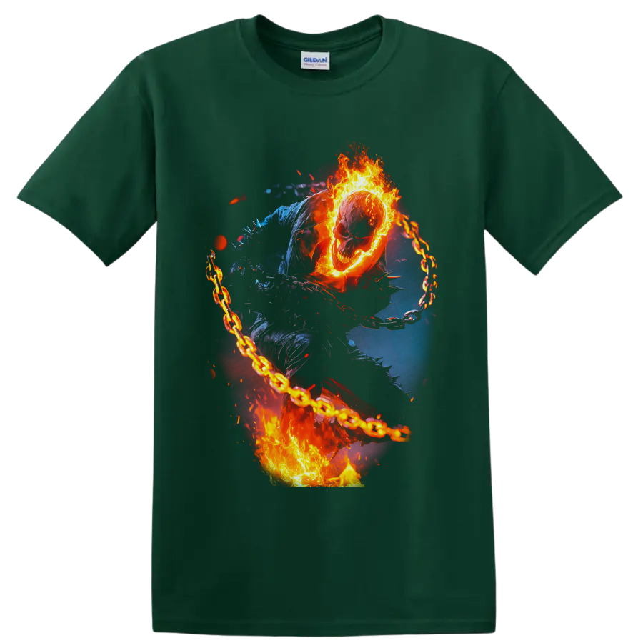 Ghost Rider flaming skull and chain in fiery comic-inspired supernatural action art on a Forest Green T Shirt