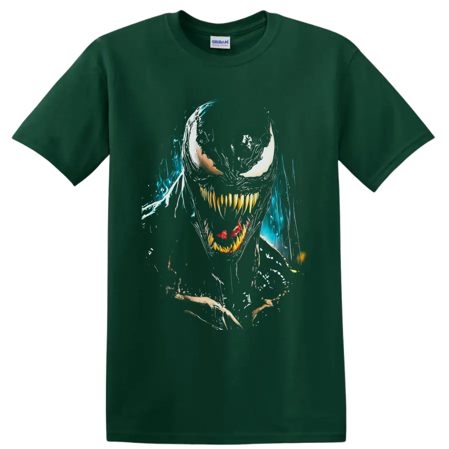 Venom symbiote face with white eyes, sharp teeth, red tongue, and blue splatter art on a Forest Green T Shirt