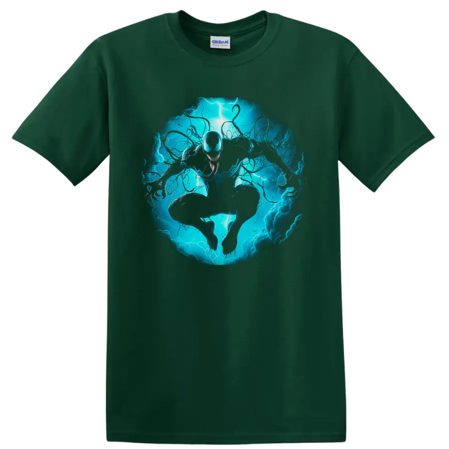 Anti-Venom symbiote lunging through electric blue lightning and swirling tendrils on a Forest Green T Shirt