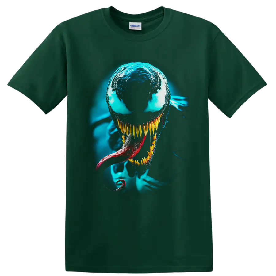 Venom symbiote portrait with cyan glow, sharp golden teeth, and red tongue on a Forest Green T Shirt