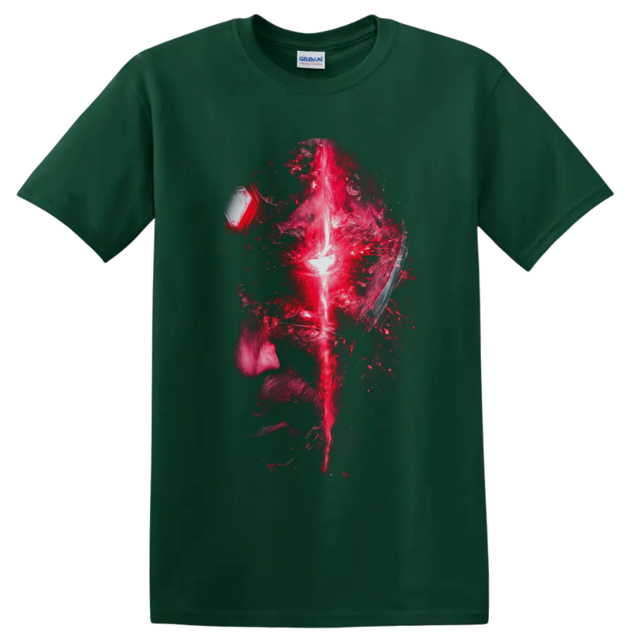 Vision abstract digital portrait with glowing forehead beam and fractured red particle on a Forest Green T Shirt