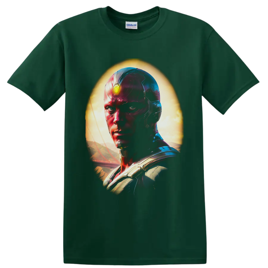 Vision portrait in metallic red and blue armor with glowing yellow forehead gem on a Forest Green T Shirt