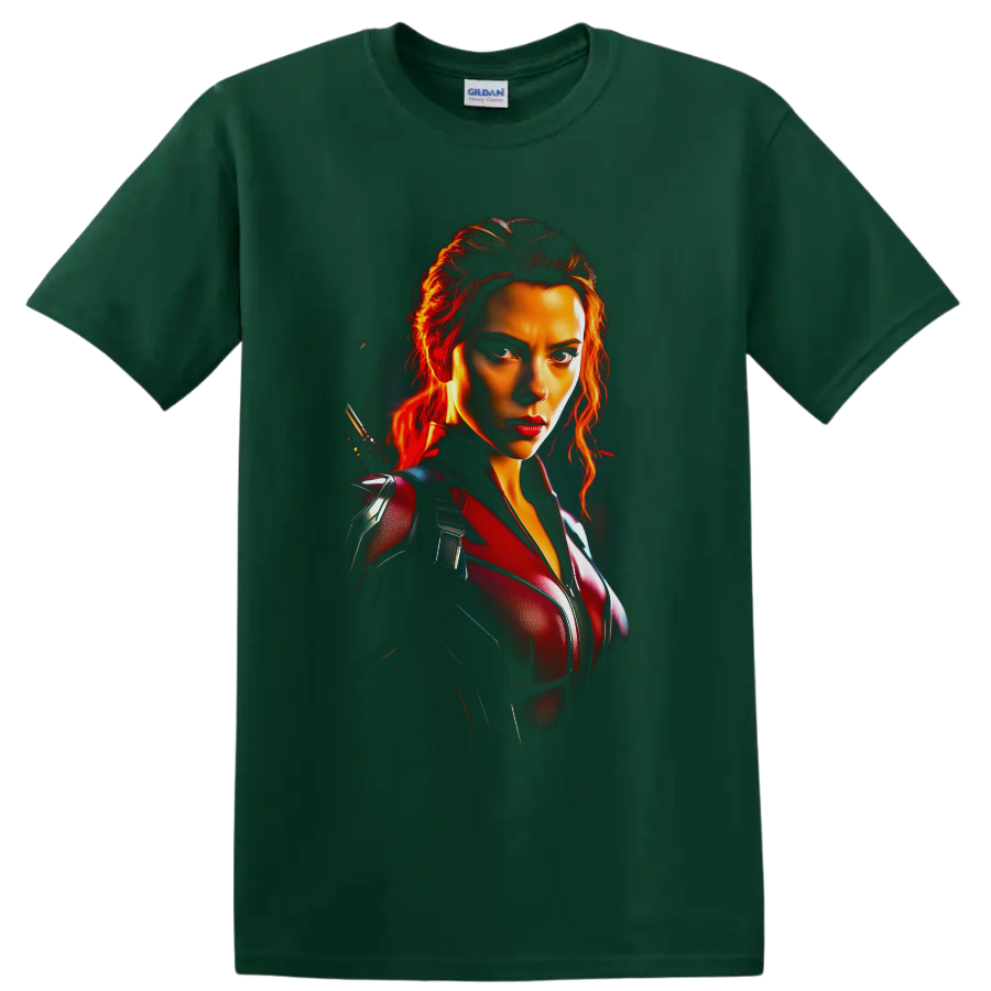 Black Widow Natasha Romanoff cinematic portrait with fiery red tactical suit on a Forest Green T Shirt