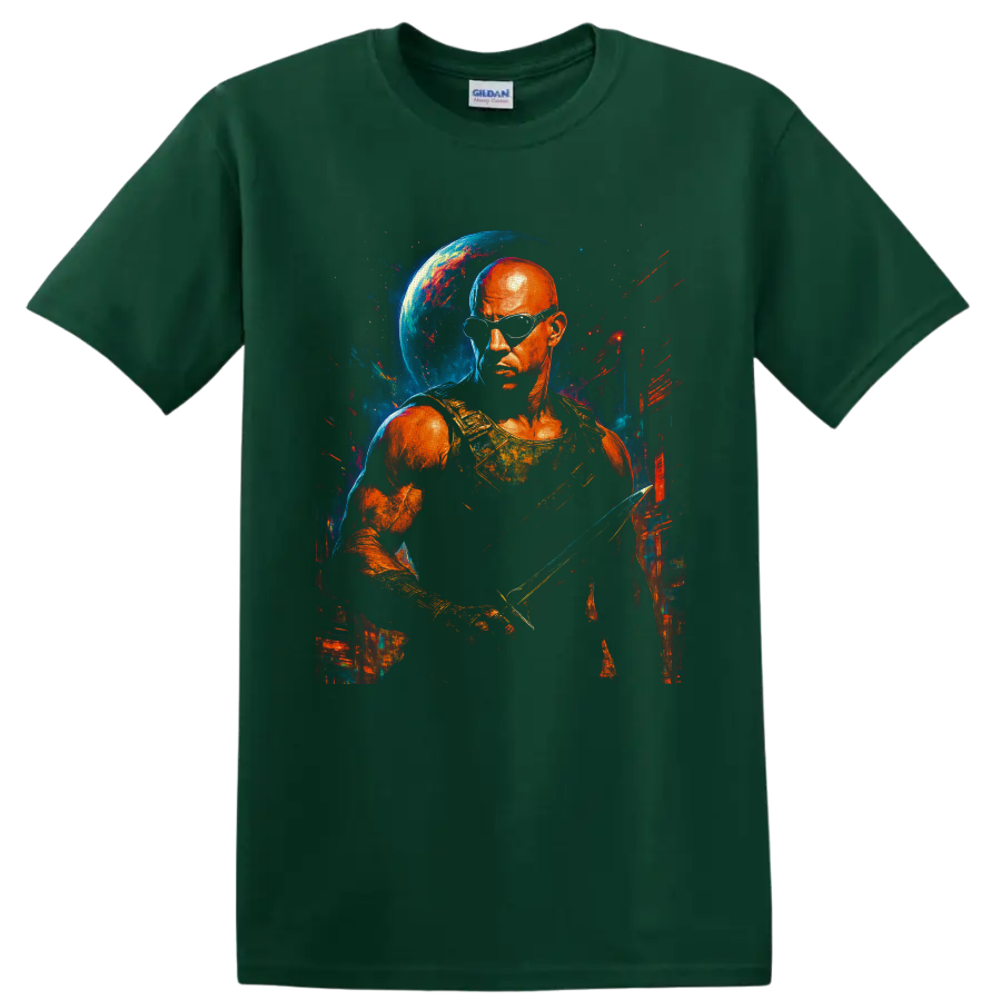 Riddick cosmic warrior portrait with goggles, blade, blue planet, and painted space on a Forest Green T Shirt