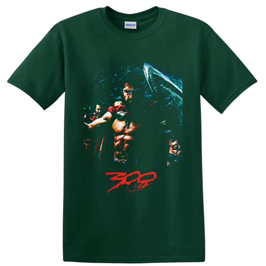 Leonidas Spartan warrior battle scene with shield, crashing wave, and red 300 logo on a Forest Green T Shirt