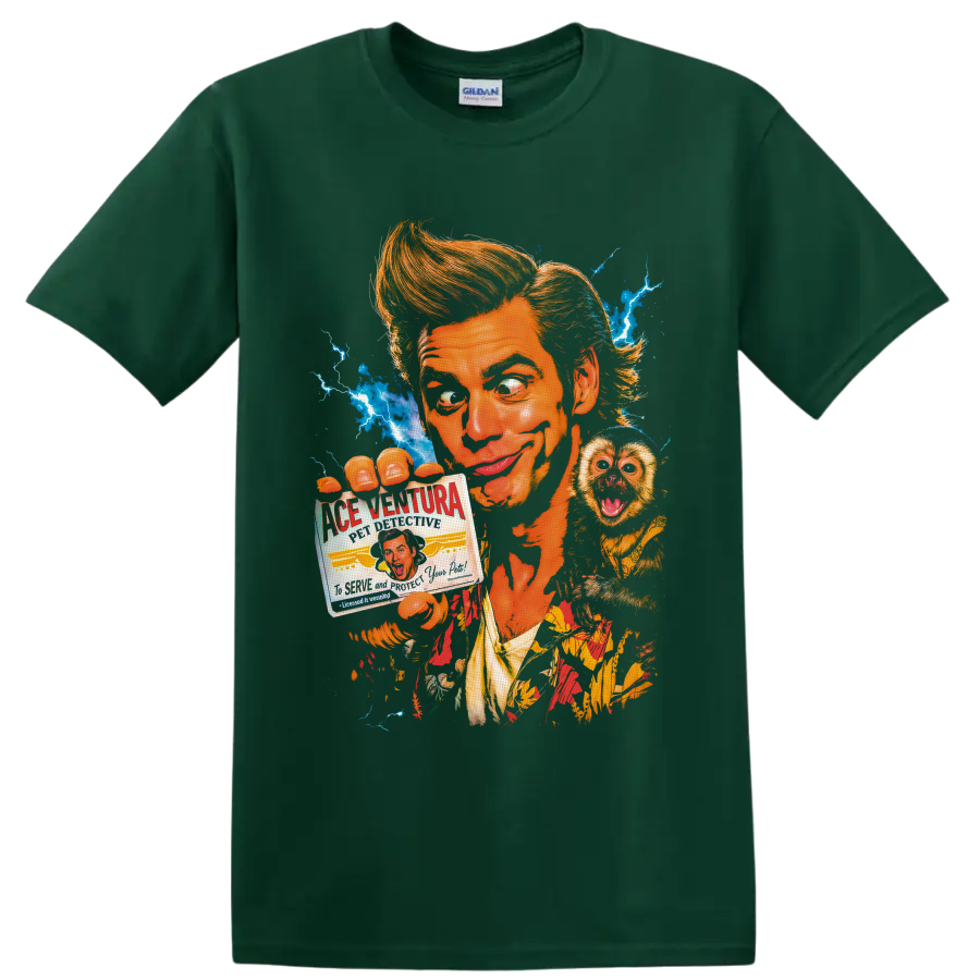 Ace Ventura retro portrait with monkey, detective credential, and blue lightning on a Forest Green T Shirt
