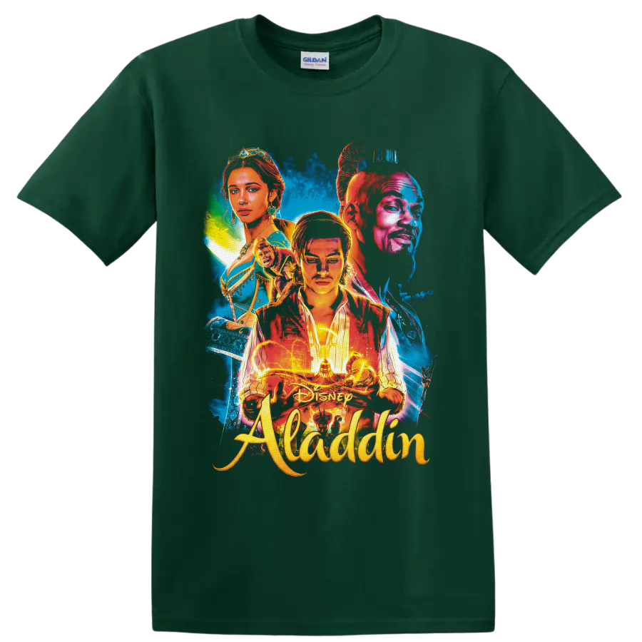 Aladdin, Jasmine and Genie neon portrait with magic lamp and flying carpet on a Forest Green T Shirt