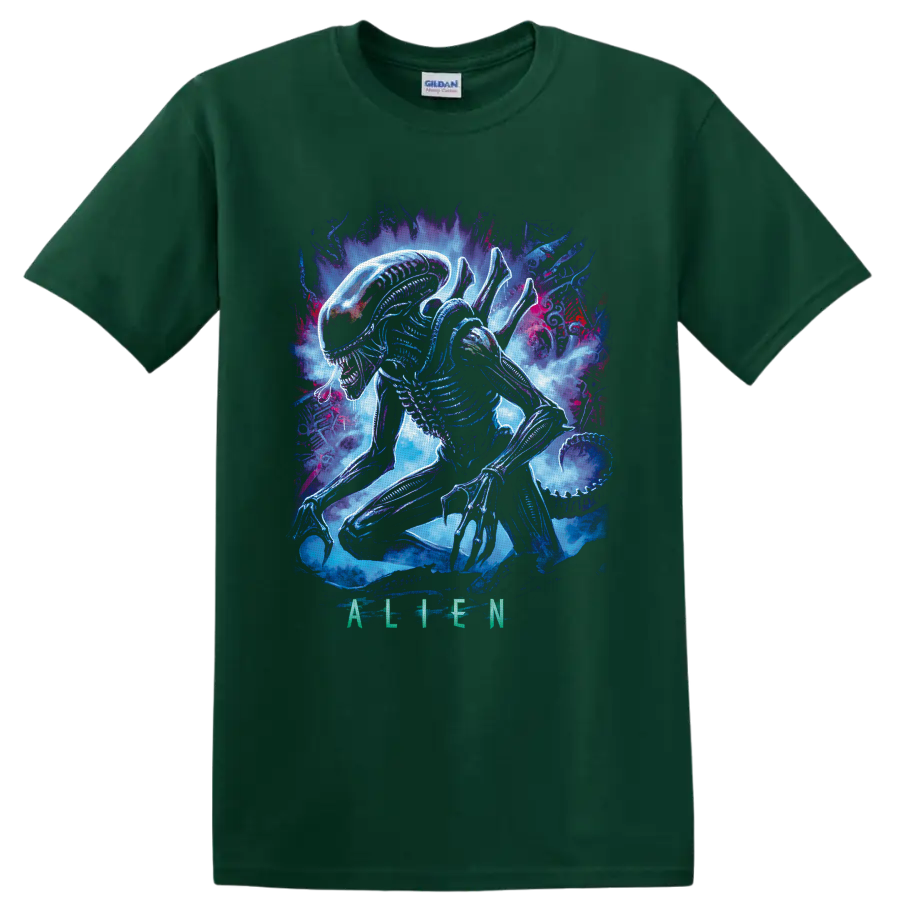 Neon Xenomorph from Alien crouching amid blue, purple, and magenta cosmic smoke on a Forest Green T Shirt