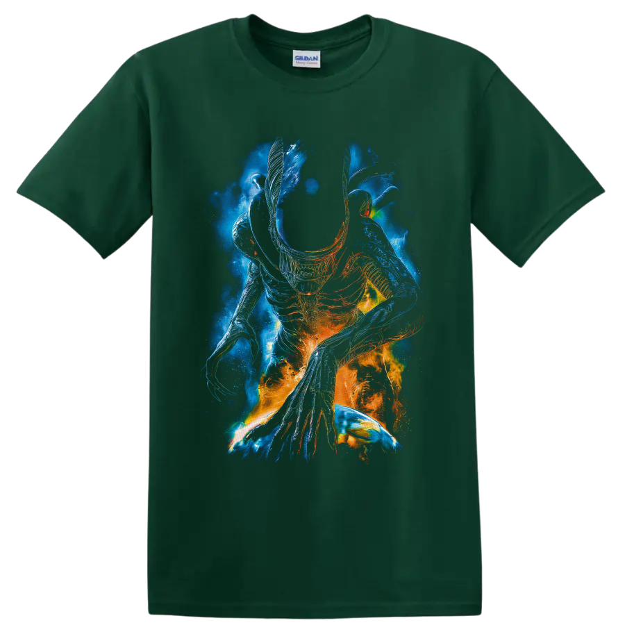 Surreal neon Xenomorph from Alien with blue and orange biomechanical linework on a Forest Green T Shirt
