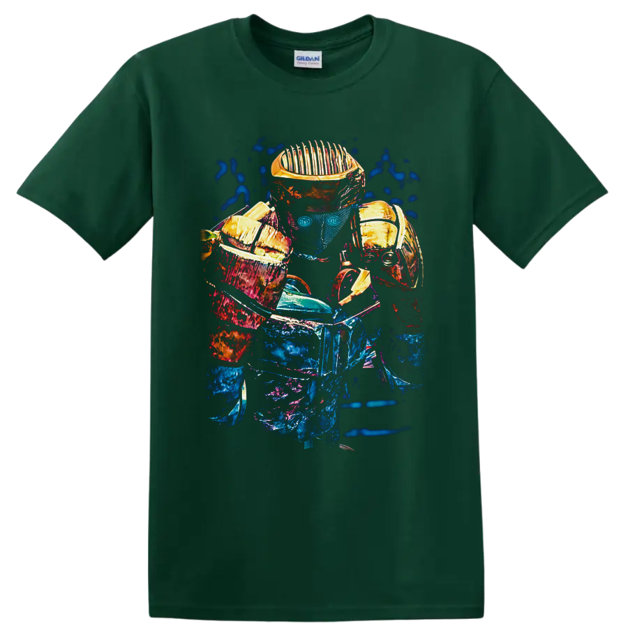 Atom from Real Steel robot boxer in neon blue, magenta, and gold sci-fi graphic art on a Forest Green T Shirt