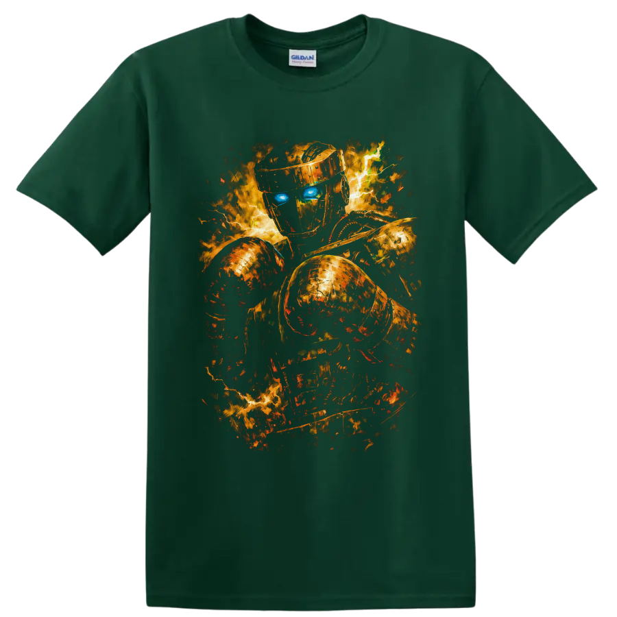Atom from Real Steel in fiery metallic robot boxing action art with glowing blue eyes on a Forest Green T Shirt