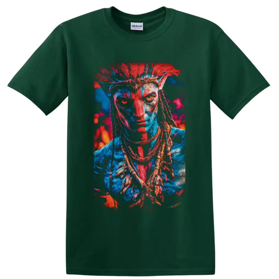 Neon Avatar Na'vi warrior portrait with red feather headdress and braided hair on a Forest Green T Shirt