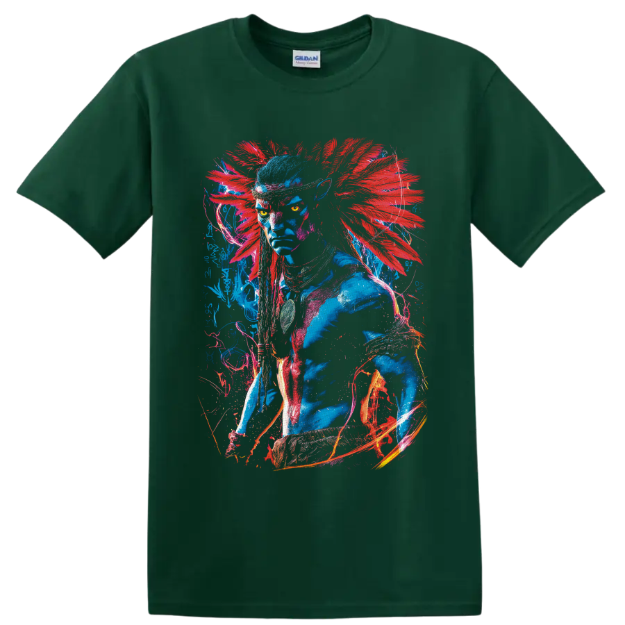 Neytiri Avatar neon warrior portrait with red feather-like accents and glowing linework on a Forest Green T Shirt