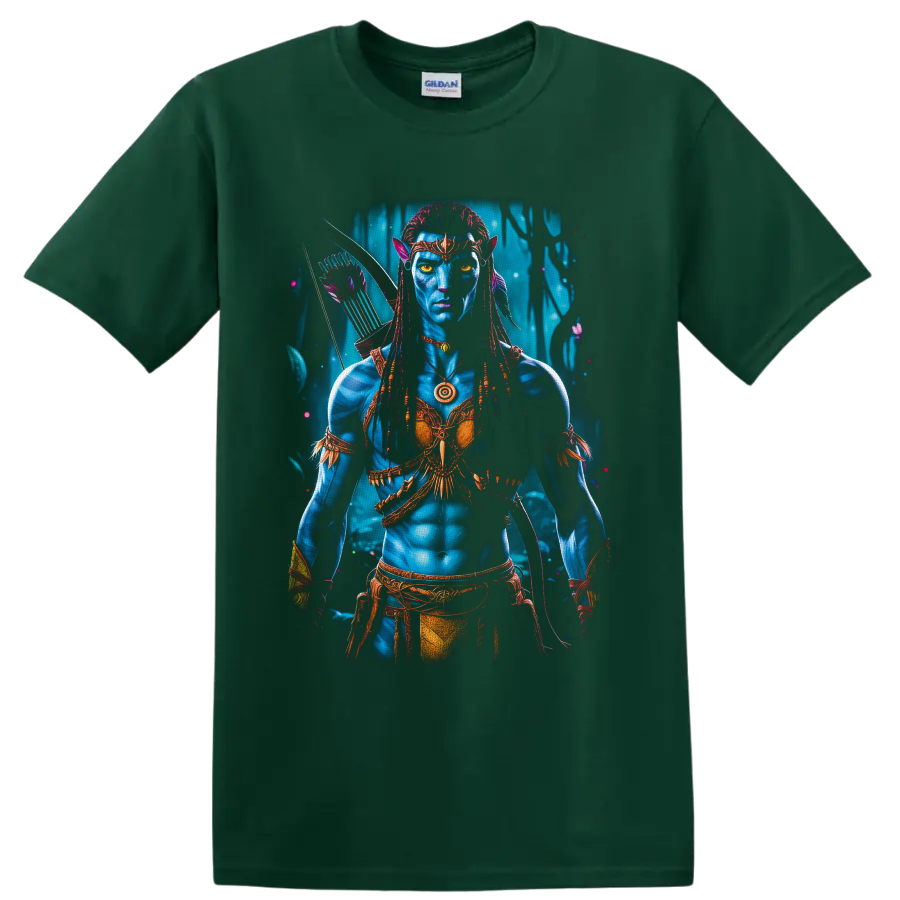 Neytiri Avatar Na'vi warrior archer portrait with glowing forest backdrop on a Forest Green T Shirt