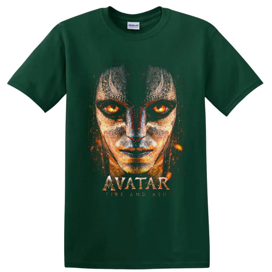 Varang fiery-eyed distressed portrait with Avatar Fire and Ash lettering on a Forest Green T Shirt