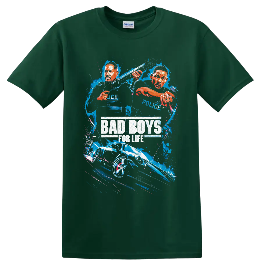 Bad Boys for Life illustrated Will Smith and Martin Lawrence police car splash graphic on a Forest Green T Shirt